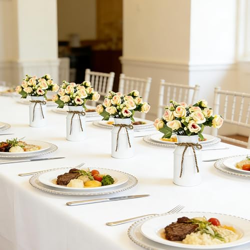 Artificial Rose Centerpiece with Metal Vase, 6 sets, White & Champagne - color: 6 White Vases & 12 Champaign Roses