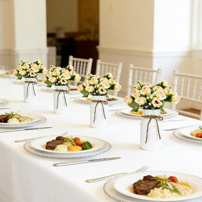 Artificial Rose Centerpiece with Metal Vase, 6 sets, White & Champagne - color: 6 White Vases & 12 Champaign Roses