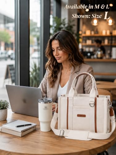 FIORETTO Women’s Canvas Tote Bag Purse with Zipper, Multi Compartment & Reinforced Bottom, Ideal for Work, Bible, Travel - color: Beige, size: Medium, style: Built-in Organizer