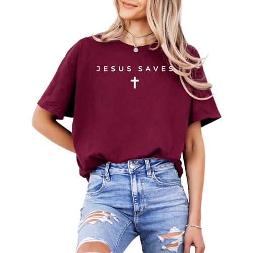 Jesus Saves Christian T-Shirt – Minimalist Faith-Based Cross Tee – Inspirational Religious Shirt for Believers - color: Maroon, size: XX-Large