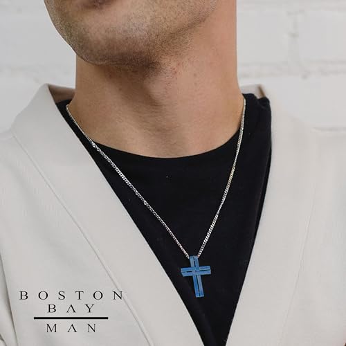 Men's Cross Pendant Necklace in 316L Stainless Steel Interlocking Woven Cross on 24” Curb Chain, Choice of Color - color: Blue Stainless Steel