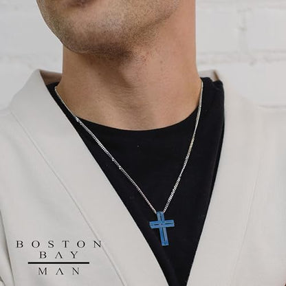 Men's Cross Pendant Necklace in 316L Stainless Steel Interlocking Woven Cross on 24” Curb Chain, Choice of Color - color: Blue Stainless Steel