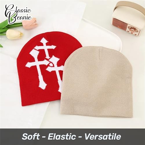 Fashion Knit Beanie with Cross Pattern Y2K Unisex Soft Jacquard Cap Popular Hip-Hop Cool Street Outdoor Sports Earflap Hat - color: Khaki