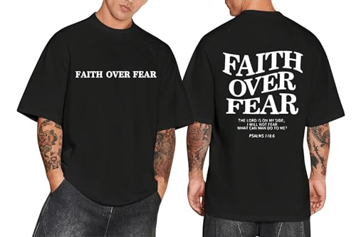 Christian Faith Over Fear Shirt for Men Jesus Religious Shirts Oversized T-Shirt - color: Faith Black, size: Large