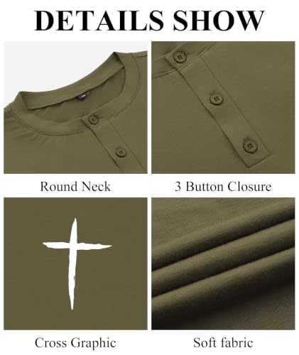 KESIHAN Christian Henley T Shirts for Men Cross Graphic Faith Casual Tee - color: Armygreen-6, size: Large