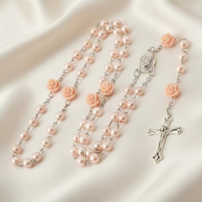 Nazareth Store Pink Pearl Catholic Rosary Necklace with 6mm Beads Rose Markers Madonna Holy Soil Medal Silver-Plated Crucifix 20 Inch