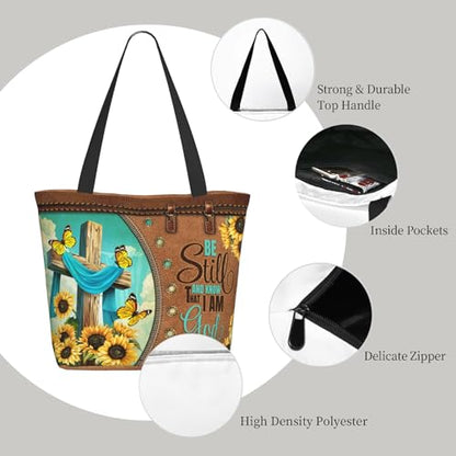 Bible Tote Bags for Women Christian Gifts Religious Church Shoulder Bag - color: Sunflower Cross