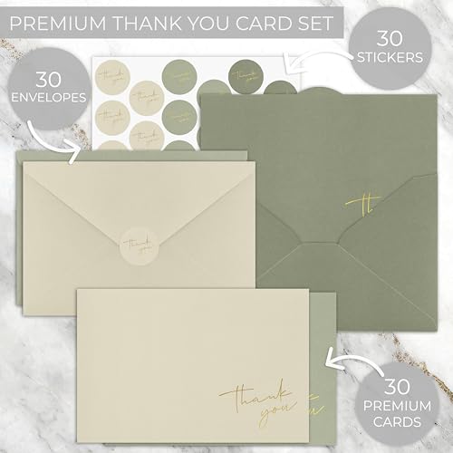 ZICOTO Beautiful Thank You Cards Set of 30 With Envelopes and Stickers - color: Mossgreen