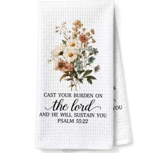 Christian Scripture Gifts Decorative Towels for Women Hostess Faith Prayer, Bible Verse Gifts Waffle Weave Kitchen Towels, Cast Your Burden On The Lord Psalm 55:22 - color: Brown