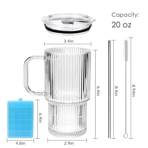 Accguan 2Pack 20oz Ribbed Glass Tumbler with Handle and Lid, Leak Proof Cup - size: 20oz with handle-2pcs