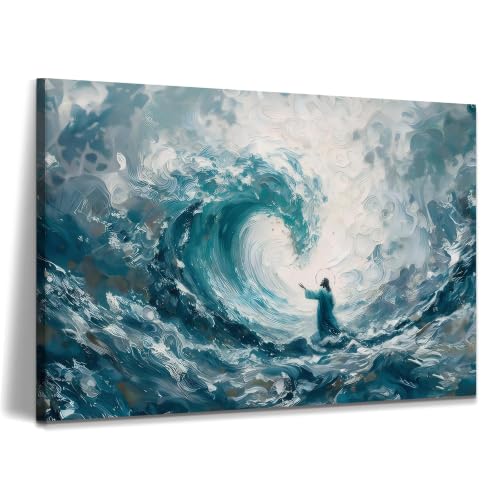 Stretched Canvas Wall Art with Wood Inner Frame,3D textured wall art，Jesus Walking on Water Ocean Wall Decor, Christian Faith Inspirational Religious Print, Abstract Wave Artwork Ready to Hang for Living Room Bedroom Prayer Room - color: Walking on Water,