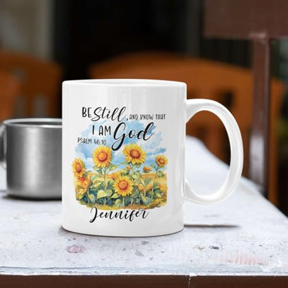 Custom Bible Verse Mug With Name, Religious Coffee Mug For Women, Personalized Christian Ceramic Cup, Accent Mug 11Oz Or 15Oz, Customized Sunflower Design Mug, Gift For Birthday - color: TRI-1223-1146-KNOW THAT I AM GOD MUG