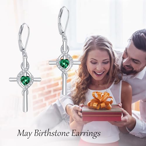 ONEFINITY Cross Earrings for Women 925 Sterling Silver Cross Birthstone Dangle Drop Earrings Infinity Cross Religious Jewelry Gifts for Women - color: 05-May-Created Emerald