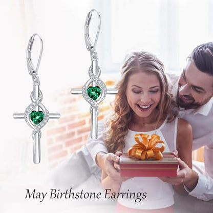 ONEFINITY Cross Earrings for Women 925 Sterling Silver Cross Birthstone Dangle Drop Earrings Infinity Cross Religious Jewelry Gifts for Women - color: 05-May-Created Emerald