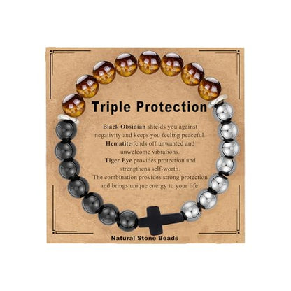 Gifts for Men Bracelets Triple Protection Cross Bracelet 8mm Black Obsidian Hematite Tiger Eye Beaded Natural Stone Bracelets Birthday Jewelry Gifts Cross Christian Gift for Him Husband Son - color: 1--Triple