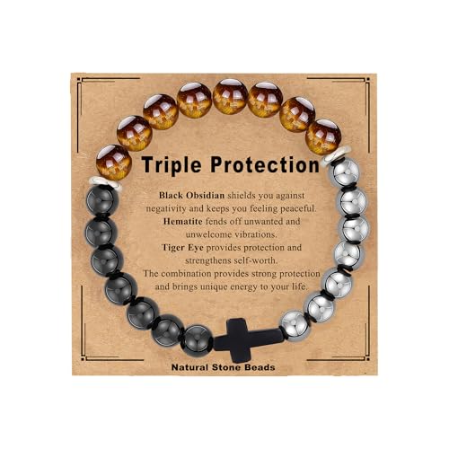 Gifts for Men Bracelets Triple Protection Cross Bracelet 8mm Black Obsidian Hematite Tiger Eye Beaded Natural Stone Bracelets Birthday Jewelry Gifts Cross Christian Gift for Him Husband Son - color: 1--Triple