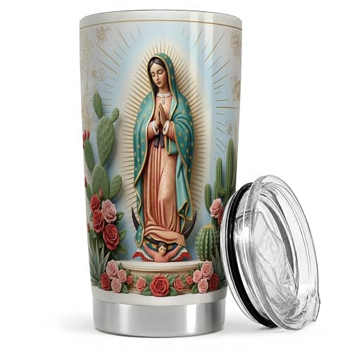 Virgin Mary Desert Halo 20oz Tumbler, Marian Devotion Tumbler, Daily Coffee Cup, Teal Cloak With Cactus And Roses, Golden Rays, Catholic Prayer Art, Faithful Catholic Women And Men - color: Virgin Mary 5
