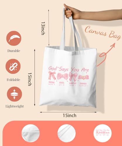 Coquette Bow Bible Canvas Tote Bag for Women Teens Teen Girls, Pink Bow Girls Tote Bag, Coquette Gifts - color: Pink Christian Bow