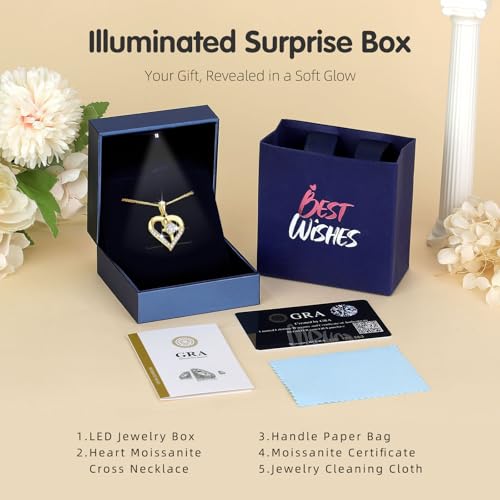 Moissanite Cross Necklace for Women in Light-Up Gift Box Heart Cross Jewelry 1CT Pendant for Women Gift Ideas for Wife Valentines Day Anniversary Birthday (S925 Sterling Silver/18K Real Gold Filled) - style: Gold without Card
