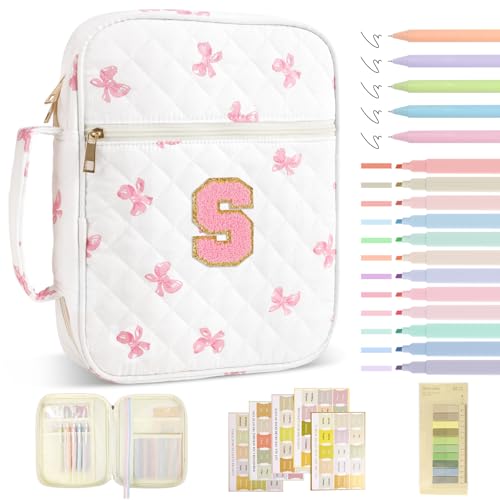 Personalized Initial Bible Cover Case for Women Girls Kid - Large Quilted Bible Case with Handle,Chenille Letter Bag Study Supplies,Christmas Gifts for Christians Birthday Graduation(Pink Bow-S) - color: Pink Bow, size: letter-S