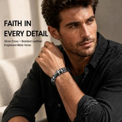 Mens Christian Bracelet, Cross Bracelet for Men, Gifts for Husband Dad Boyfriend Son, Engraved Bible Verse Jewelry, Stainless Steel Silver Cross, Black Braided Leather Bracelets