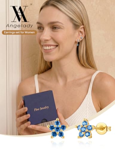 Angelady Gold Hoop Earrings Set for Women, Dainty 14K Gold Plated Flower Moon Cross Dangle Earrings, Hypoallergenic Huggie Hoop Earring Stacks, Stud Earrings for Women Trendy Jewelry Gift - color: Gold Blue CZ