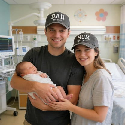 2PCS Dad and Mom EST 2026 Hats for Men Women, New Parents Gifts Cap - color: Black Black
