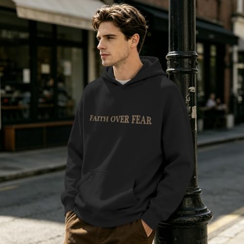 Mens Christian Faith Over Fear Hoodie Jesus Religious Graphic Hoodies Inspirational Bible Verse Vintage Sweatshirt - color: Black, size: Medium