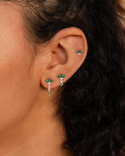 3 Pair Tiny Flat Back Earrings for Women - 14K Gold/White Gold Plated Dainty Cute Small Screw Flatback Stud Earring, Everyday Wear Gift - color: Silver-Green Marquise Flat 7/13/18mm