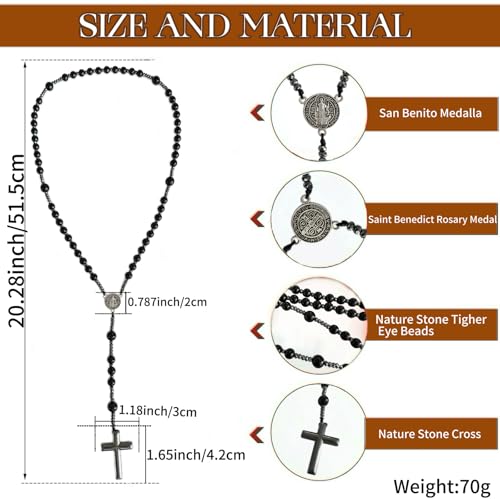 Bovemee Saint Benedict Medal Prayer Pocket Rosary Catholic Brown Wood Beads with Medalla de san benitol and Crucifix, 9 Inch - color: Nature stone Black