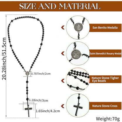 Bovemee Saint Benedict Medal Prayer Pocket Rosary Catholic Brown Wood Beads with Medalla de san benitol and Crucifix, 9 Inch - color: Nature stone Black