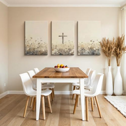 QKYKISS 3Pcs Jesus Wall Art Nature Wildflowers Cross Canvas Poster Religious Pastoral Scenery Picture Rustic Meadow Mural Country Flowers Art Print Living Room Bedroom Office With wooden frame12x16in - color: Religious Cross, size: 12x16 Inches