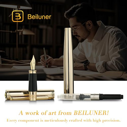 BEILUNER Gold Fountain Pen,Stunning Luxury Pens with 24K Gold Finish, Gorgeous 24K Gilded Nib(Medium), Fancy Pen Gift Set for Men&Women -Ink Converter-Elegant,Office,Nice Pen for Writing - color: Gold, style: Medium Nib