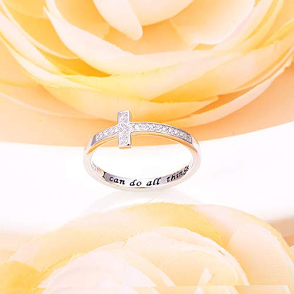 DAOCHONG 925 Sterling Silver Sideways Cross Ring Inspirational Jewelry - style: Cross