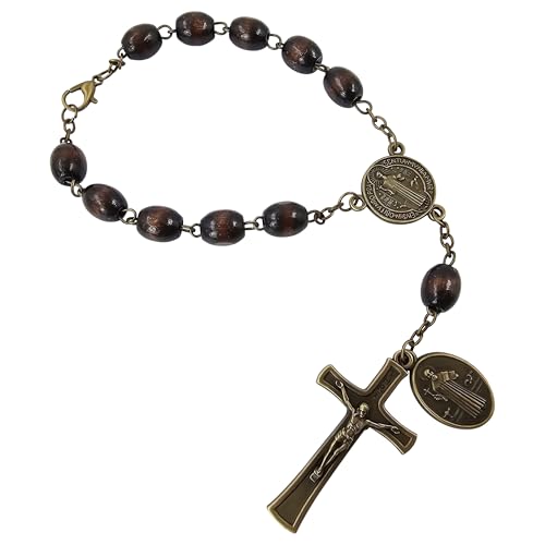 TALISMAN4U Bronze St Benedict Medal Car Rosary Rearview Mirror Wood Beads