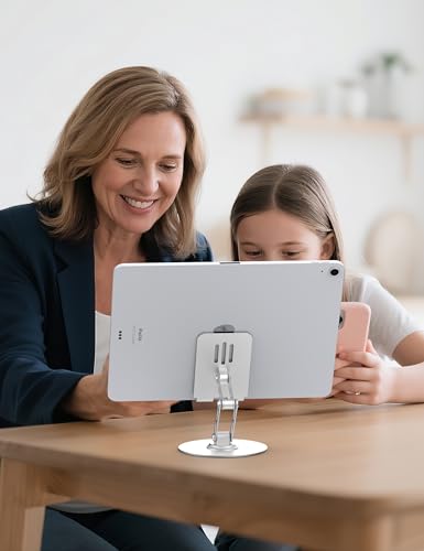 360° Rotating Cell Phone Stand for Desk, Adjustable Foldable Aluminum Phone Holder with Anti-Slip Base, Sturdy Desktop Stand Compatible with iPhone, iPad, Android Phones – Silver - color: Silver