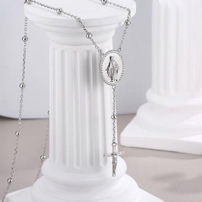 Sariel 925 Sterling Silver Rosary Necklace Bracelet for Women Virgin Mary Medallion with Cross Pendant Catholic Prayer Beaded Chain Religious Jewelry Gift (Necklace)