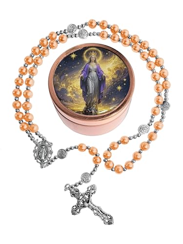 8mm Glass Pearl Rosary - Catholic Necklace for Men and Women Comes in a Metal Gift Box, First Communion Rosary Necklace as Gifts - color: Gilded Orange