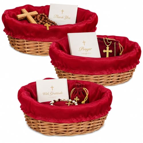 Hushee 3 Pack 9.1 Inch Round Offering Baskets for Church Wicker Offering Basket with Removable Liner Rattan Bowls Wicker Woven Bread Container for Church Receiving Gift(Red Liner)