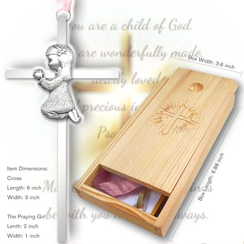 Baptism Gifts for Boys & Girls,First Communion Gifts for Kids,Christening Baby Shower Party 6in Praying Cross (1pc Silver Girl with Wooden Box) - color: Pink
