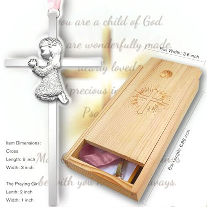 Baptism Gifts for Boys & Girls,First Communion Gifts for Kids,Christening Baby Shower Party 6in Praying Cross (1pc Silver Girl with Wooden Box) - color: Pink