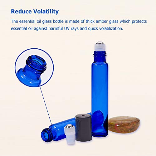 BENECREAT 30 Pack 10ml Coalt Blue Glass Roller Bottles with Stainless Steel Roller Balls, 10 Graduated Transfer Pipette and 4 Funnels for Essential Oils/Other Liquids - color: Blue, size: 10ml