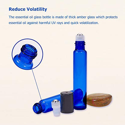 BENECREAT 30 Pack 10ml Coalt Blue Glass Roller Bottles with Stainless Steel Roller Balls, 10 Graduated Transfer Pipette and 4 Funnels for Essential Oils/Other Liquids - color: Blue, size: 10ml