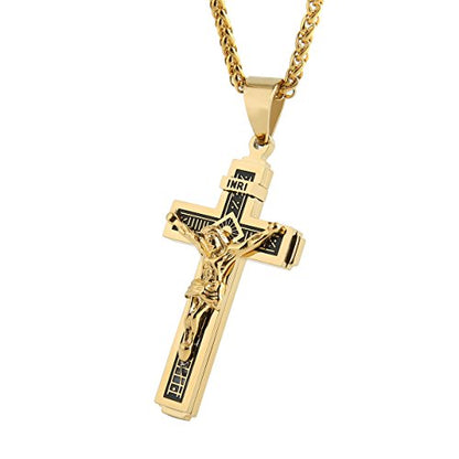 HZMAN Catholic Jesus Christ INRI Cross Crucifix Pendant Necklace for Men - color: Gold