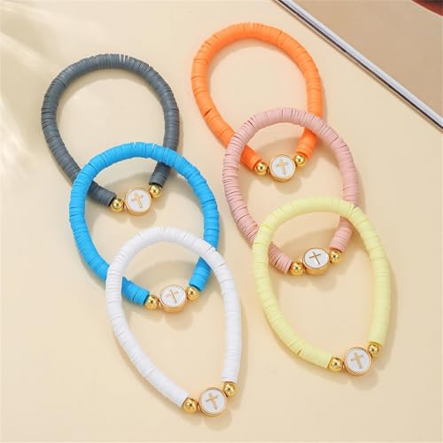 Fuqimanman2020 6 Pcs Cross Clay Beaded Bracelets Colorful Christian Cross Bracelets for Women - color: A