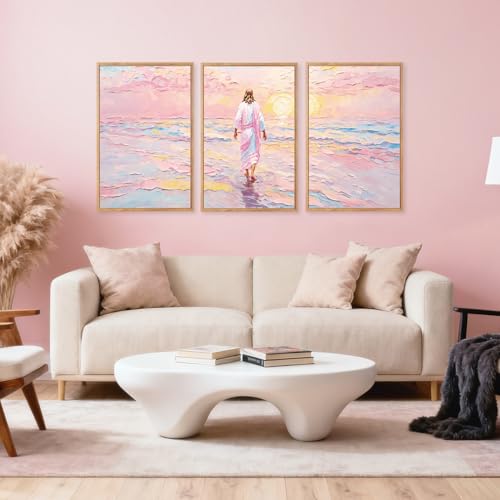 CHDITB 3Pcs Jesus Walking on Water Framed Canvas Wall Art 24x36 Inch - color: Jesus Walking on Water, size: 24"L x 36"W