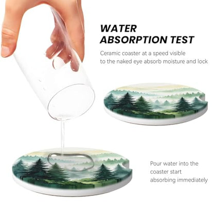 Misty Pine Forest Car Cup Holder Coasters Absorbent Ceramic Coaster - color: Blue