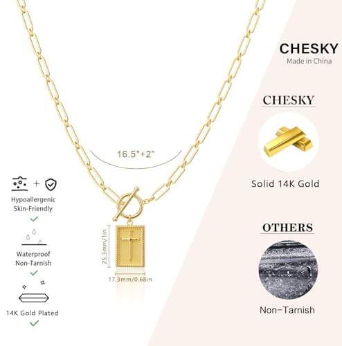 CHESKY Cross Necklace for Women Trendy, Dainty 14K Gold Plated Paperclip Charm Necklace for Womens Chunky Cross Pendant Necklace Gold Jewelry Religious Christian Gifts for Christians - color: Cross-GD