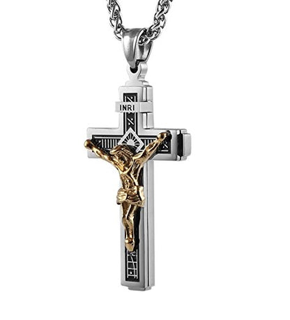 HZMAN Catholic Jesus Christ INRI Cross Crucifix Pendant Necklace for Men - color: Silver & Gold