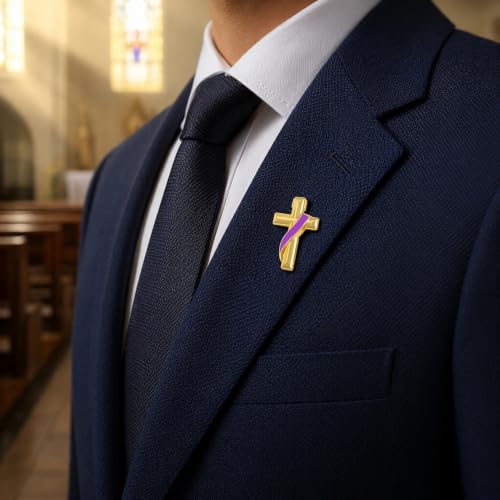 Clergy Gold Cross Lapel Pin with Enamel Ribbon, Christian Religious Brooch Badge, Suit Collar Accessory Faith Gift for Church Staff Believers - color: Purple